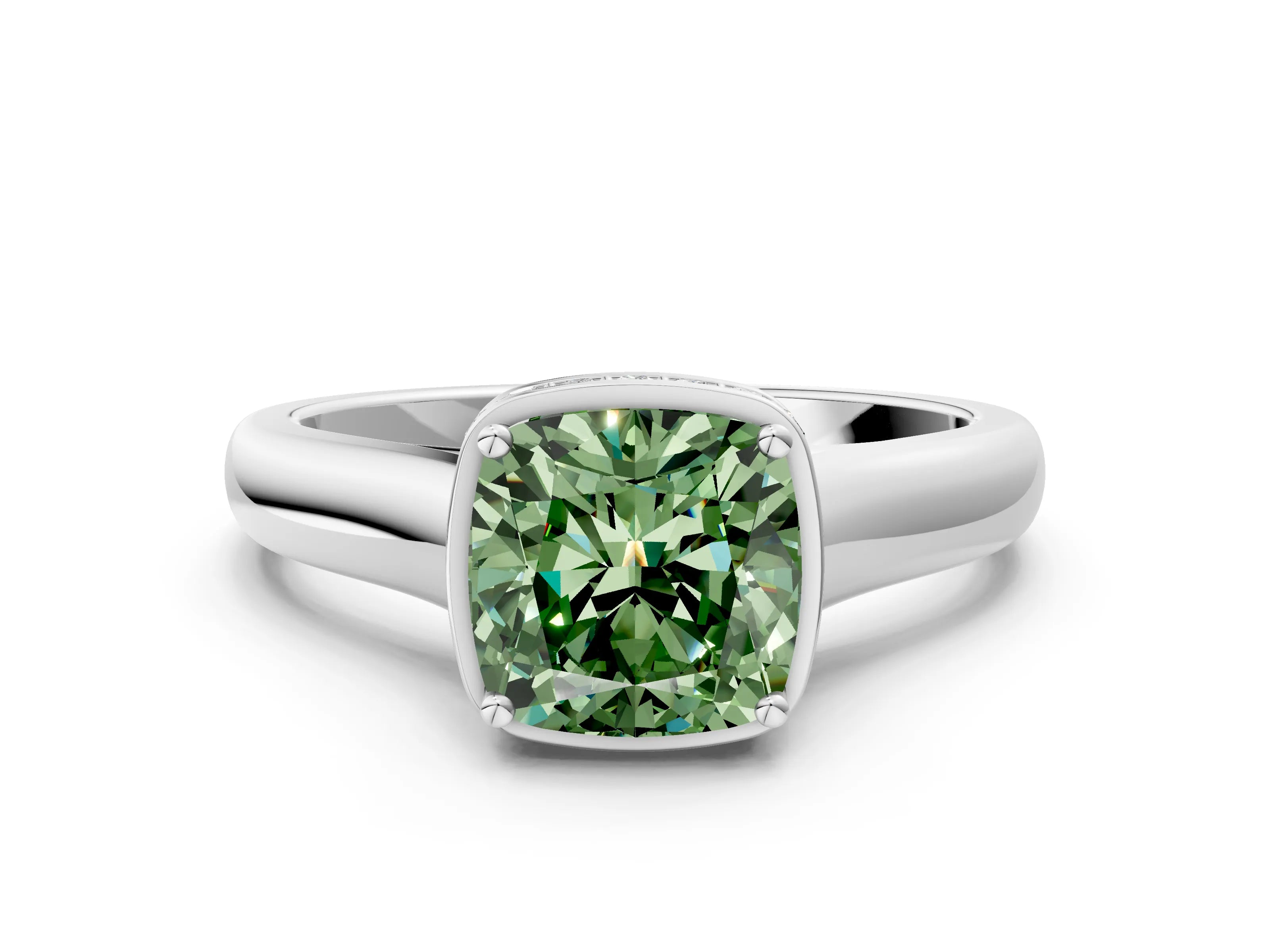 White gold Fancy Green Cushion Cut Solitaire Diamond Engagement Ring with Four-Prong Setting and Tapered Band_12