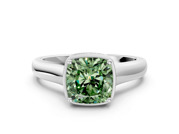 Platinum Fancy Green Cushion Cut Solitaire Diamond Engagement Ring with Four-Prong Setting and Tapered Band