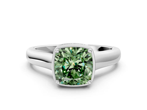 White gold Fancy Green Cushion Cut Solitaire Diamond Engagement Ring with Four-Prong Setting and Tapered Band_12