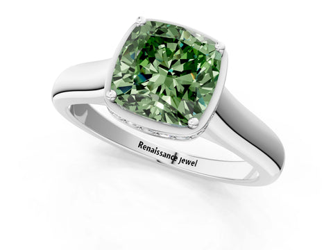 White gold Fancy Green Cushion Cut Solitaire Diamond Engagement Ring with Four-Prong Setting and Tapered Band_13