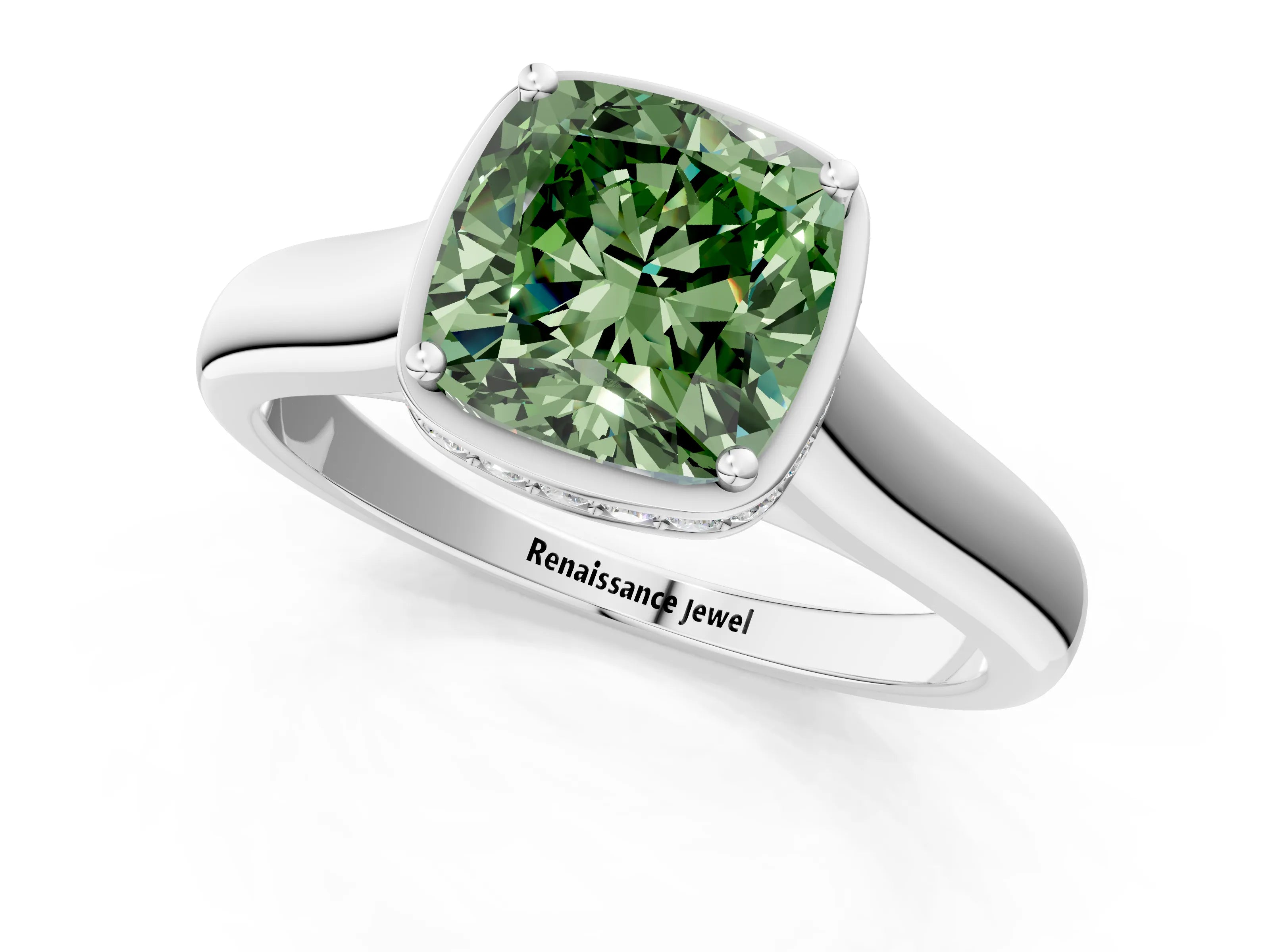 White gold Fancy Green Cushion Cut Solitaire Diamond Engagement Ring with Four-Prong Setting and Tapered Band_13
