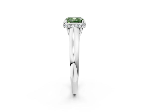 Platinum Fancy Green Cushion Cut Solitaire Diamond Engagement Ring with Four-Prong Setting and Tapered Band