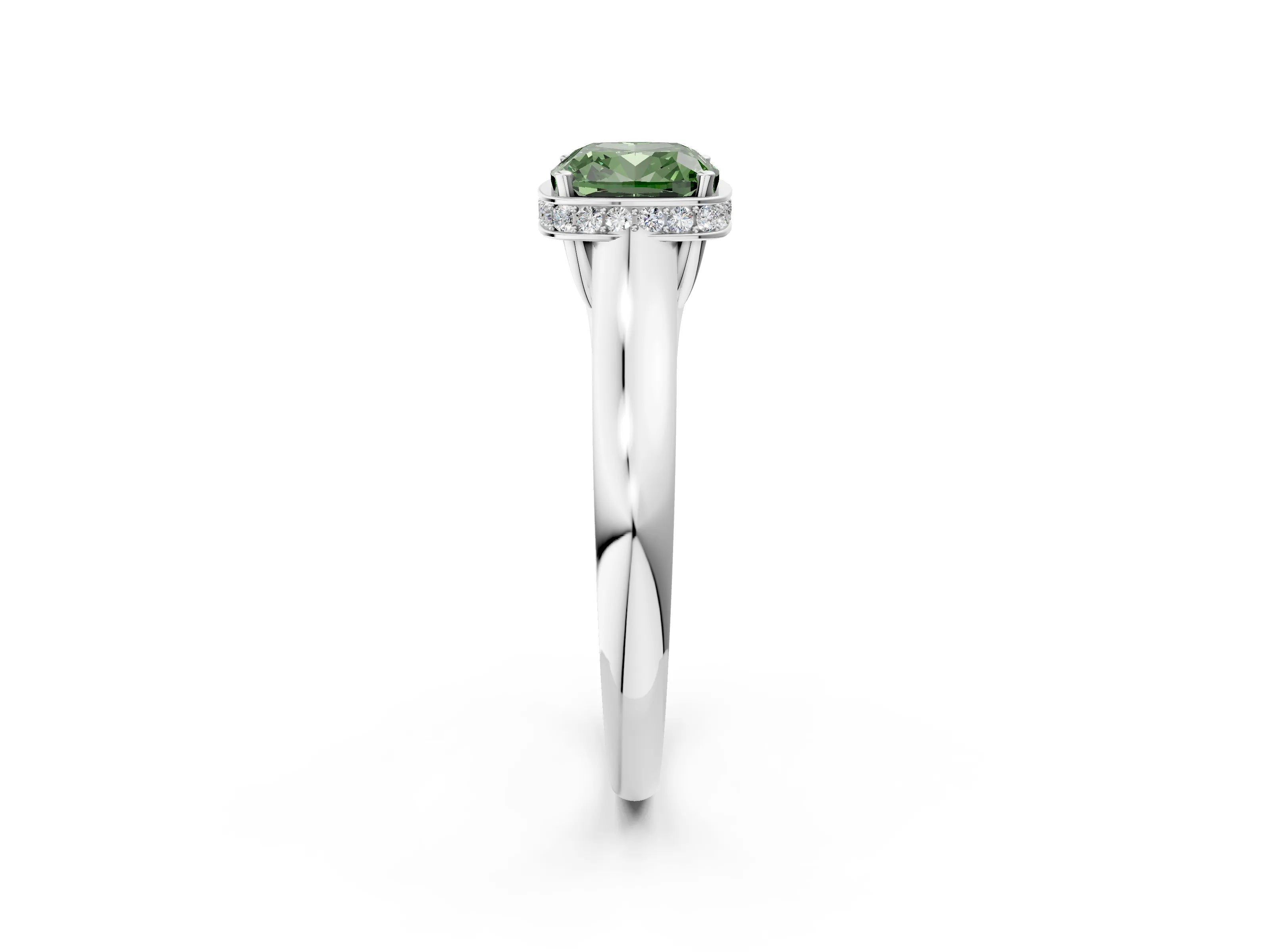 White gold Fancy Green Cushion Cut Solitaire Diamond Engagement Ring with Four-Prong Setting and Tapered Band_14