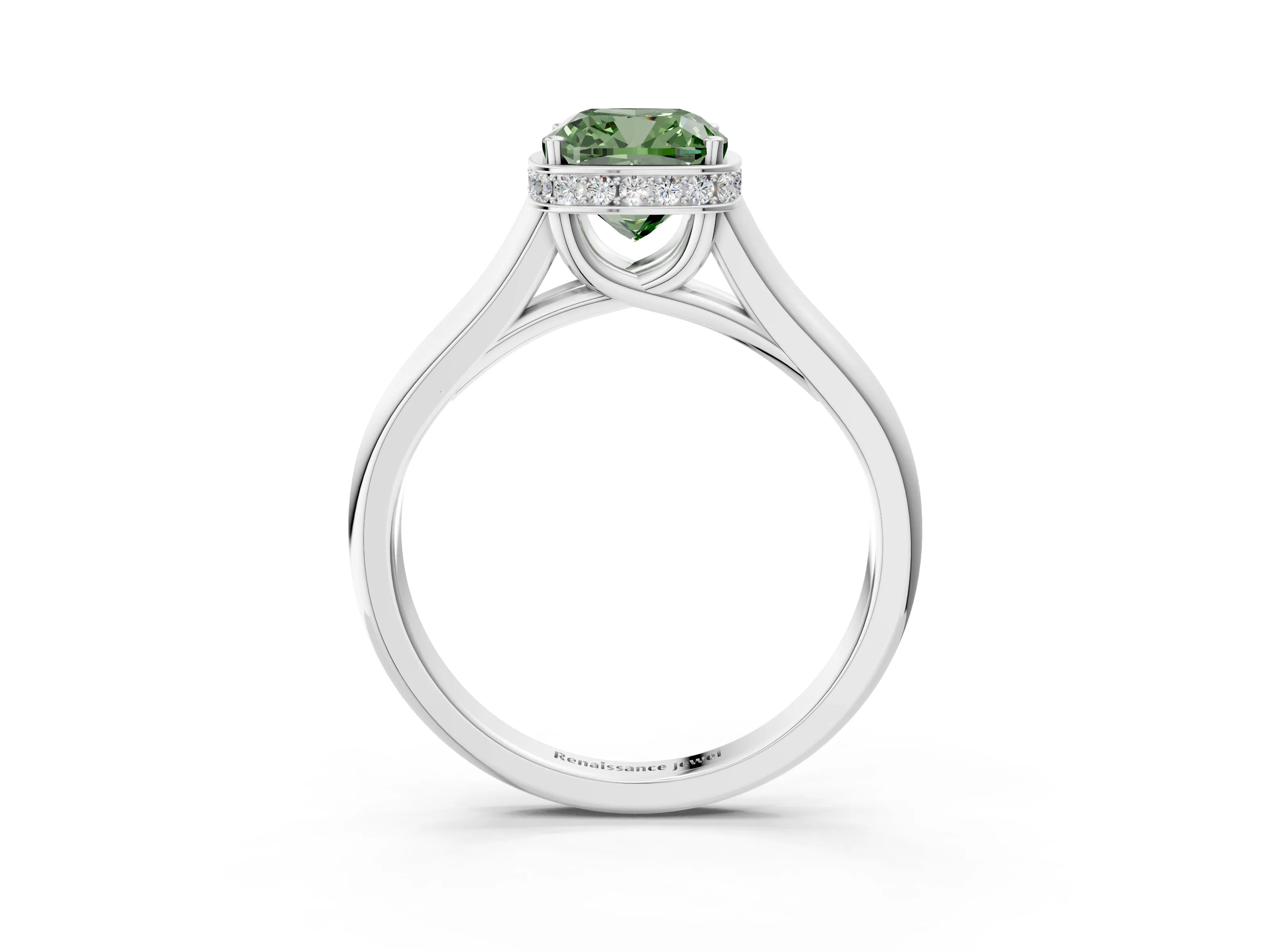 White gold Fancy Green Cushion Cut Solitaire Diamond Engagement Ring with Four-Prong Setting and Tapered Band_15