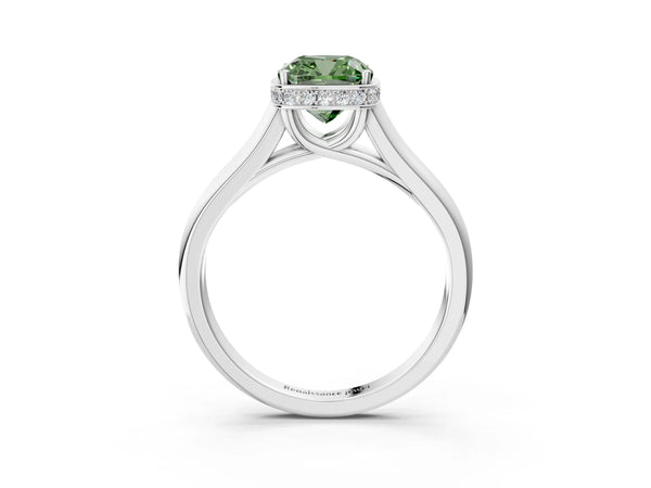 Platinum Fancy Green Cushion Cut Solitaire Diamond Engagement Ring with Four-Prong Setting and Tapered Band