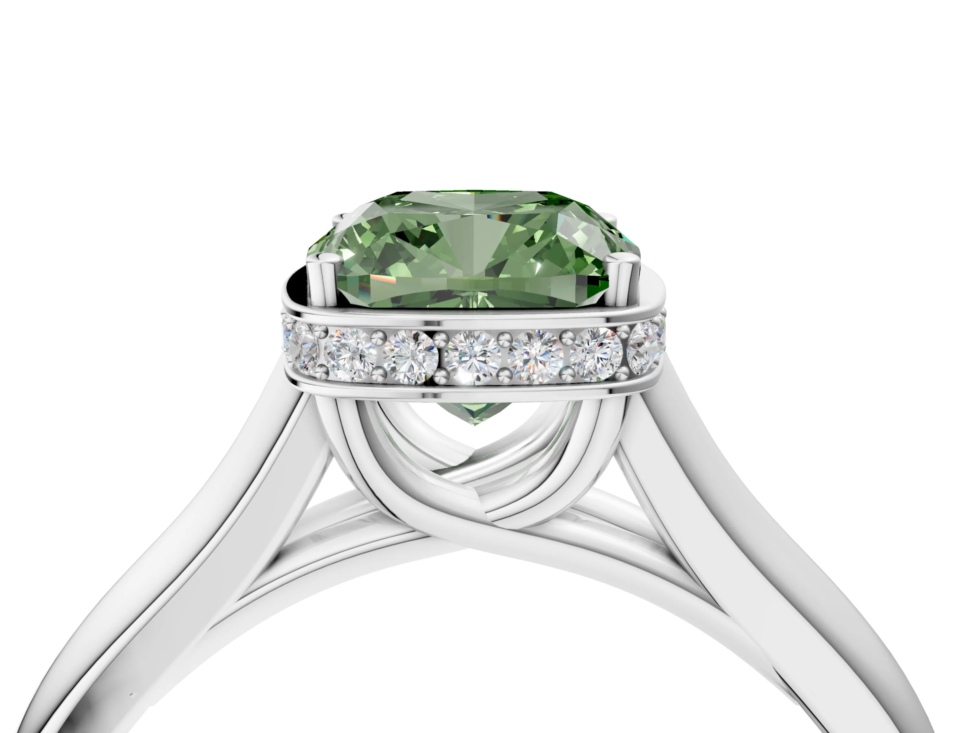 White gold Fancy Green Cushion Cut Solitaire Diamond Engagement Ring with Four-Prong Setting and Tapered Band_16