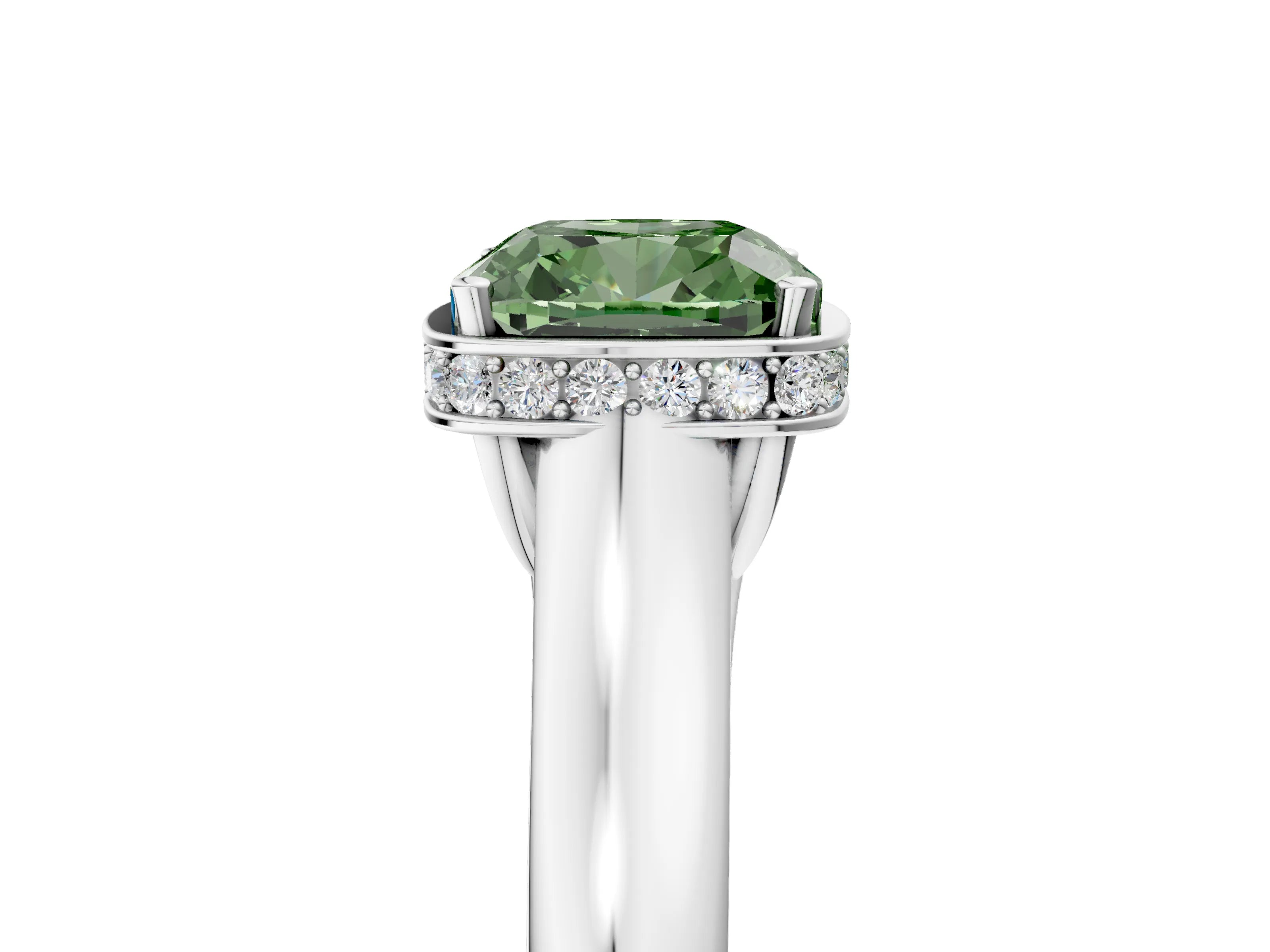 White gold Fancy Green Cushion Cut Solitaire Diamond Engagement Ring with Four-Prong Setting and Tapered Band_17
