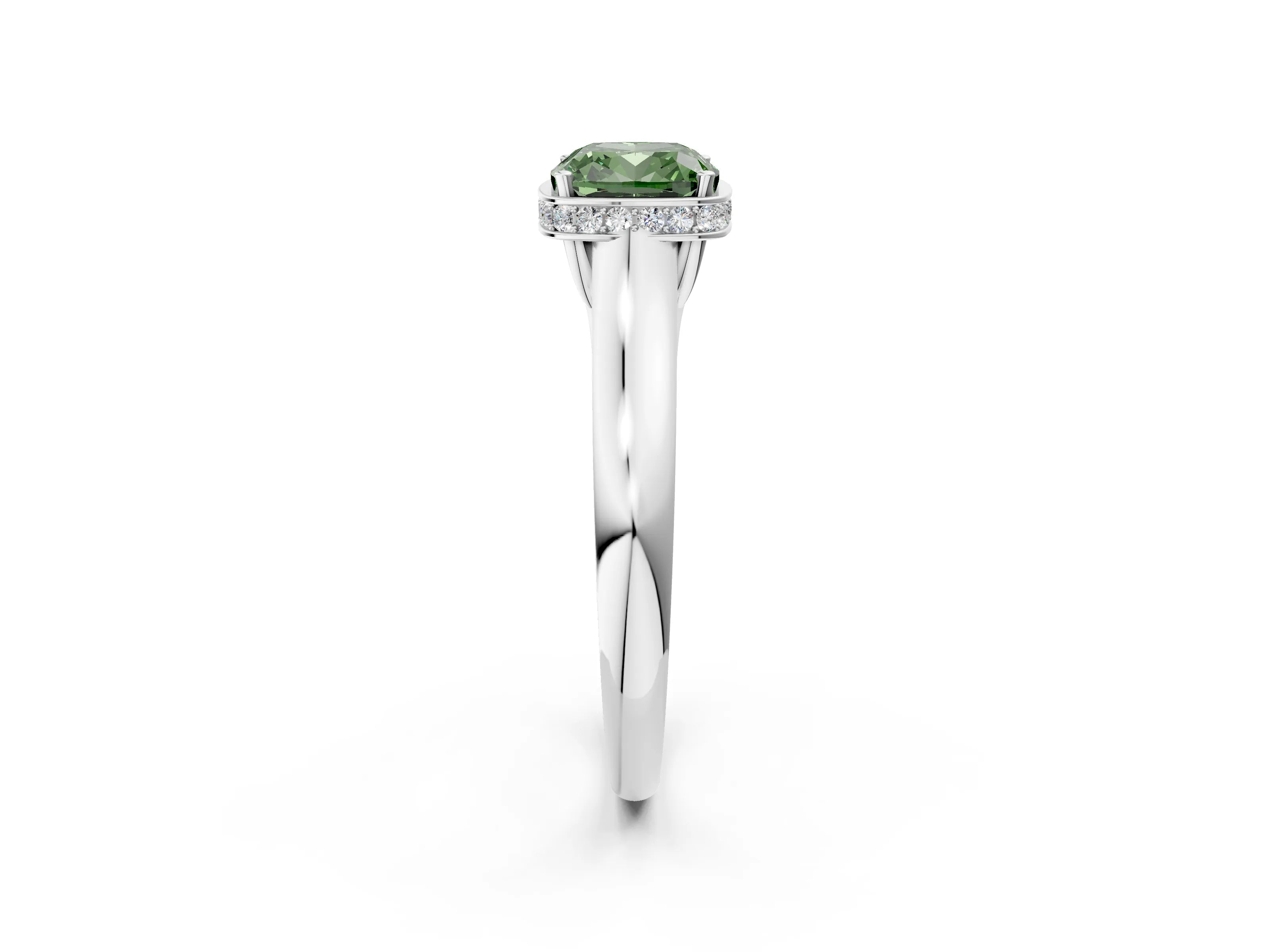 White gold Fancy Green Cushion Cut Solitaire Diamond Engagement Ring with Four-Prong Setting and Tapered Band_2