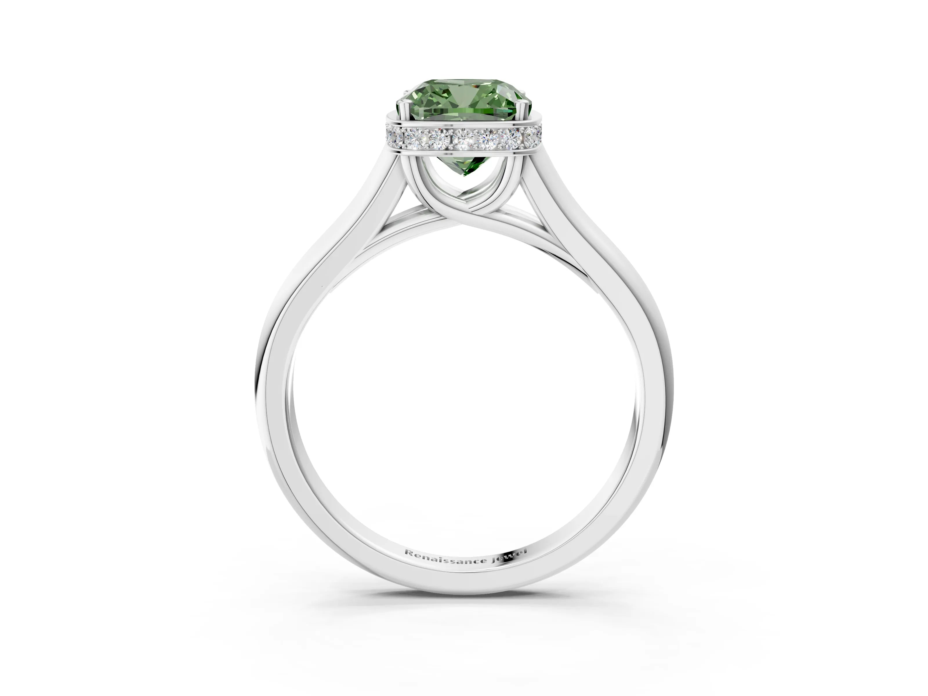 White gold Fancy Green Cushion Cut Solitaire Diamond Engagement Ring with Four-Prong Setting and Tapered Band_3