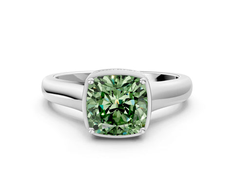 White gold Fancy Green Cushion Cut Solitaire Diamond Engagement Ring with Four-Prong Setting and Tapered Band