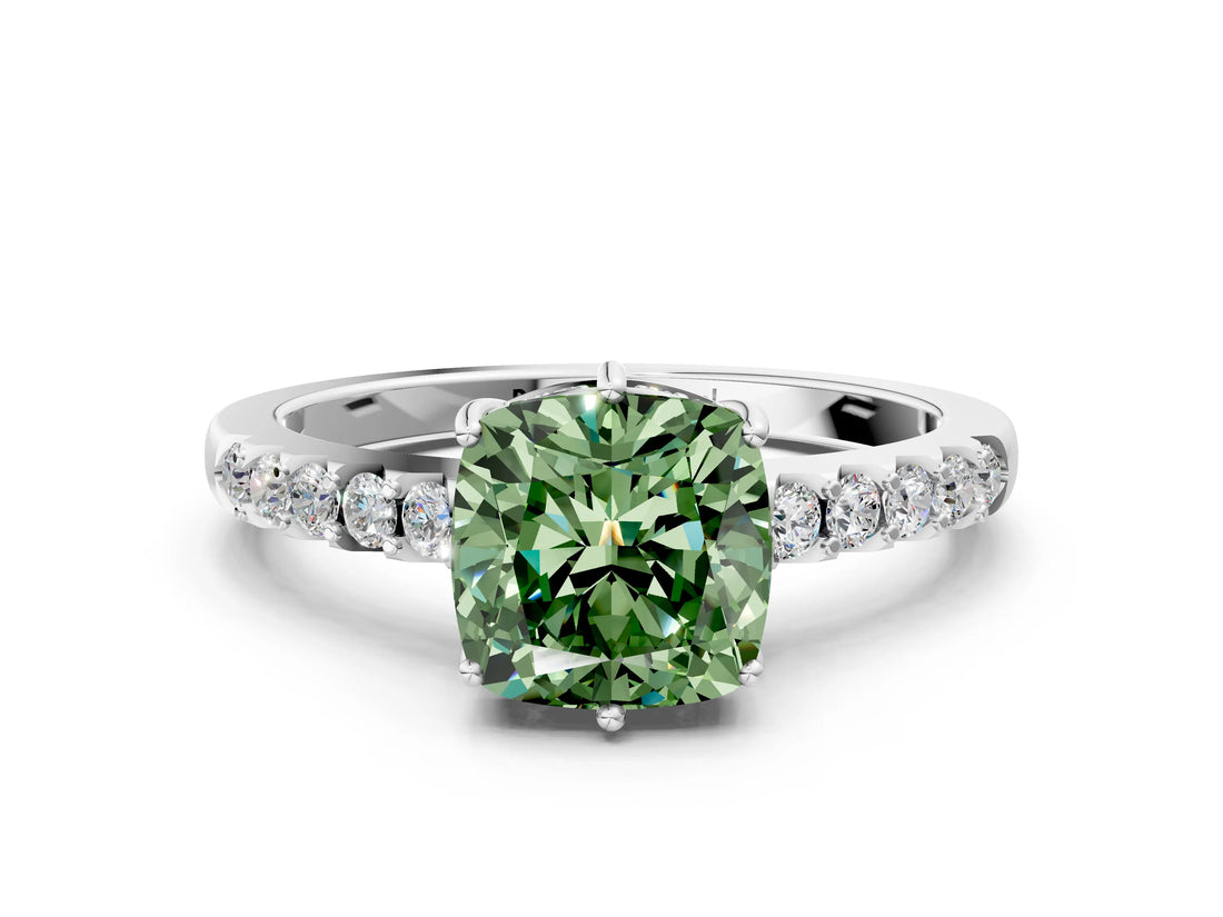 White gold Fancy Green Cushion Cut Solitaire Diamond Engagement Ring with Pavé Band and Six-Prong Setting_12