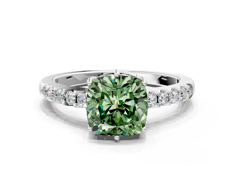 White gold Fancy Green Cushion Cut Solitaire Diamond Engagement Ring with Pavé Band and Six-Prong Setting_12
