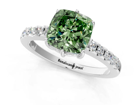 White gold Fancy Green Cushion Cut Solitaire Diamond Engagement Ring with Pavé Band and Six-Prong Setting_13
