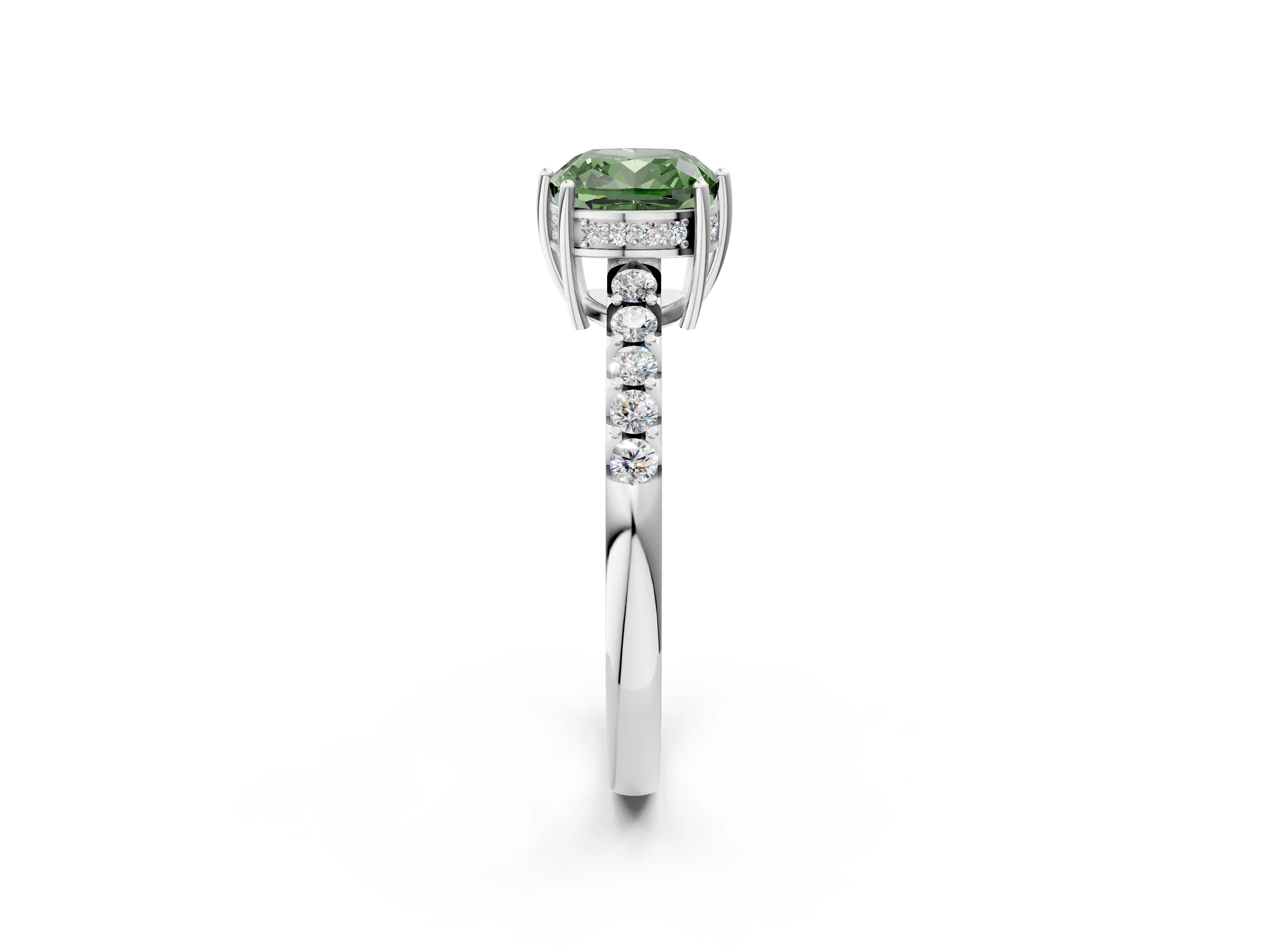 White gold Fancy Green Cushion Cut Solitaire Diamond Engagement Ring with Pavé Band and Six-Prong Setting_14