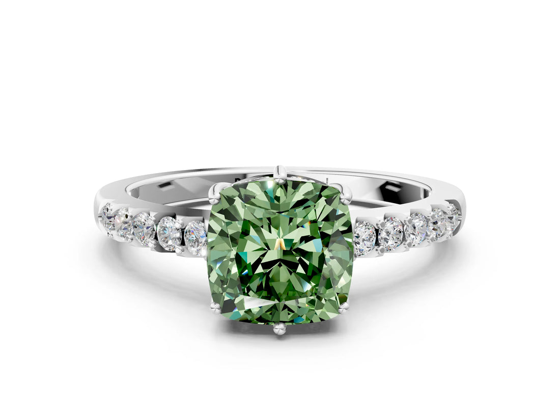 White gold Fancy Green Cushion Cut Solitaire Diamond Engagement Ring with Pavé Band and Six-Prong Setting_24