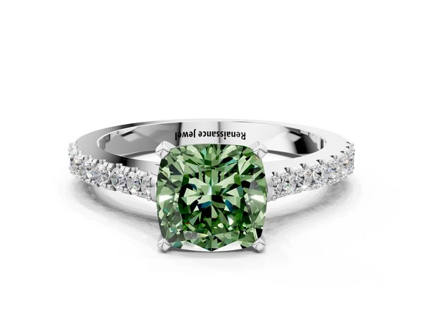 White gold Fancy Green Cushion  Cut Solitaire Diamond Engagement Ring with Pave Band and Four-Prong Setting