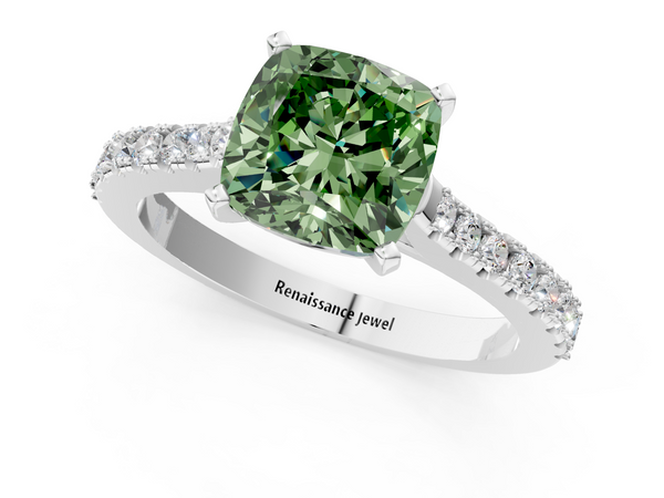White gold Fancy Green Cushion  Cut Solitaire Diamond Engagement Ring with Pave Band and Four-Prong Setting