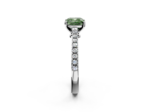White gold Fancy Green Cushion  Cut Solitaire Diamond Engagement Ring with Pave Band and Four-Prong Setting