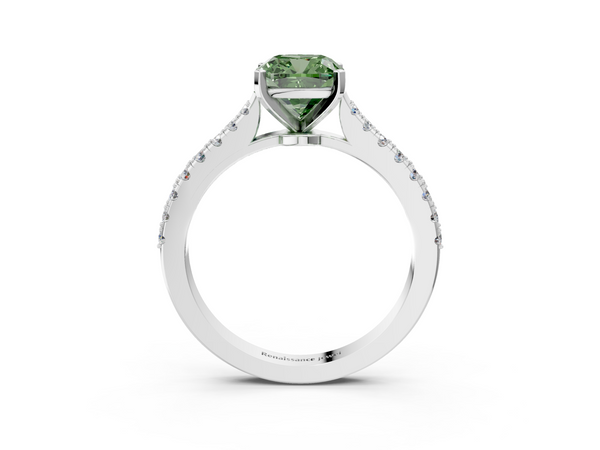 White gold Fancy Green Cushion  Cut Solitaire Diamond Engagement Ring with Pave Band and Four-Prong Setting