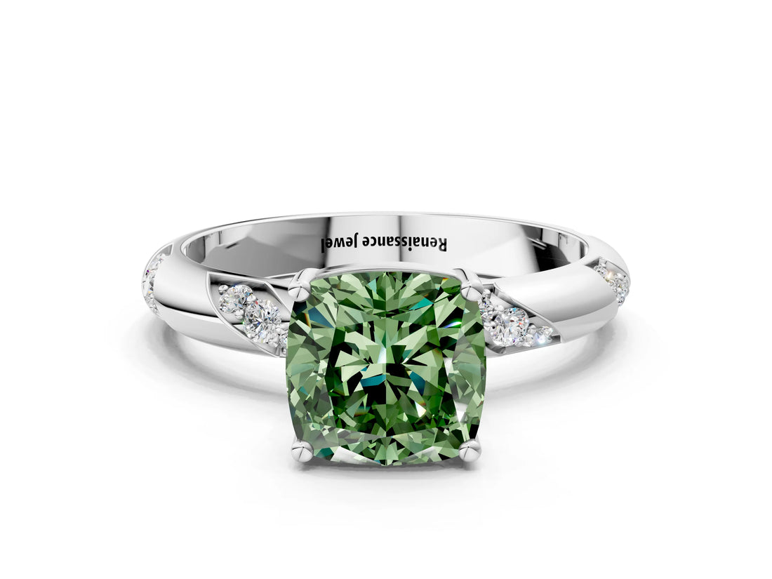 White gold Fancy Green Cushion Cut Solitaire Diamond Engagement Ring with Twisted Pave Band and Four-Prong Setting_19
