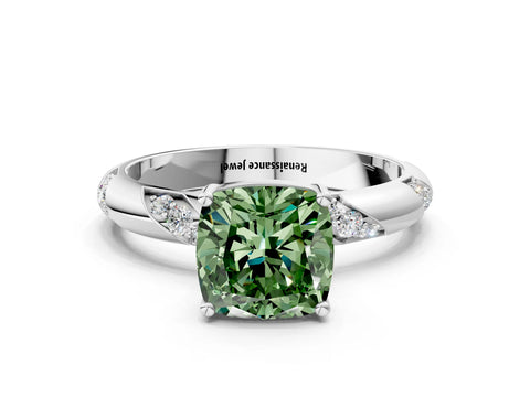 White gold Fancy Green Cushion Cut Solitaire Diamond Engagement Ring with Twisted Pave Band and Four-Prong Setting_19