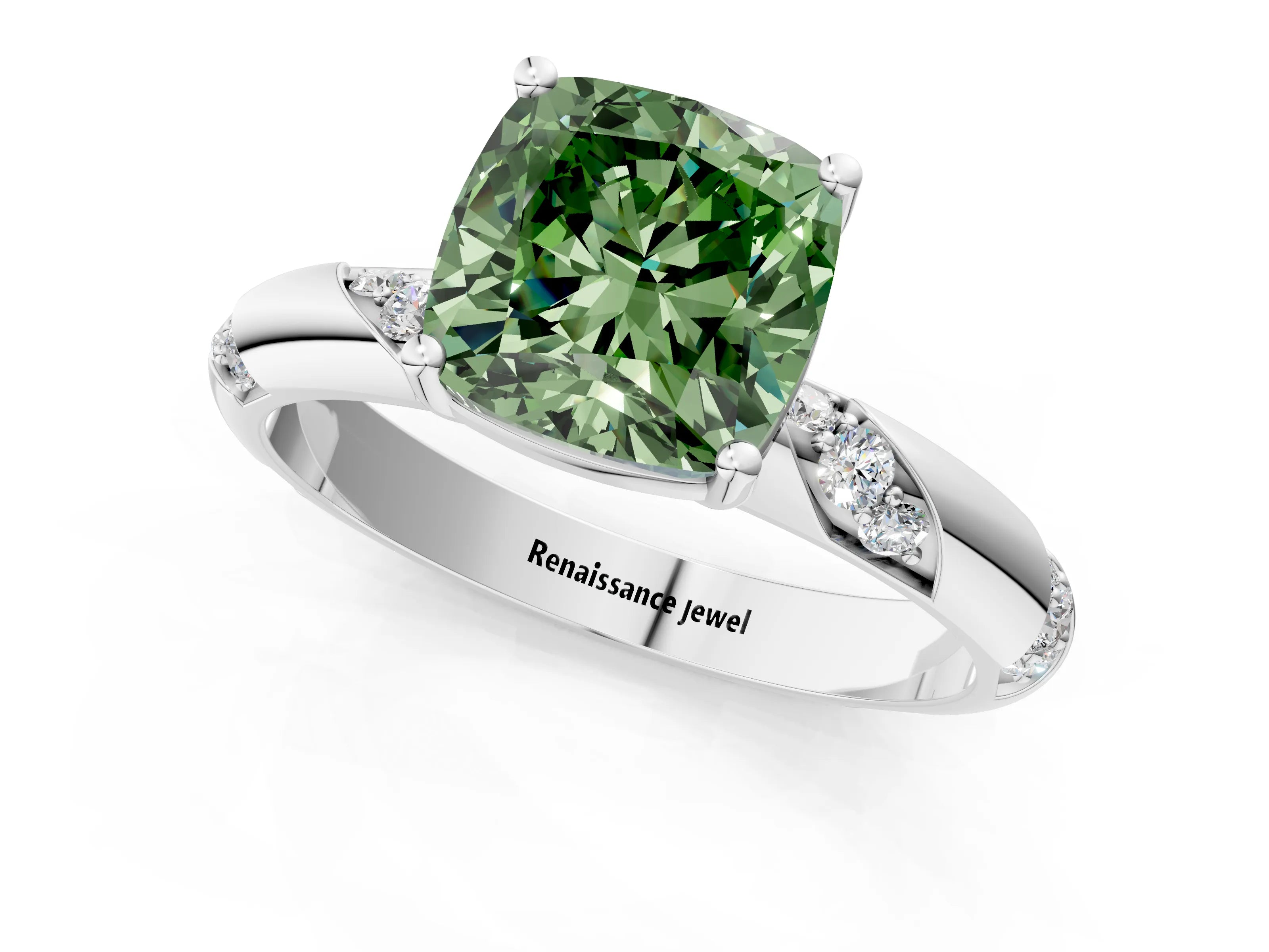 White gold Fancy Green Cushion Cut Solitaire Diamond Engagement Ring with Twisted Pave Band and Four-Prong Setting_20