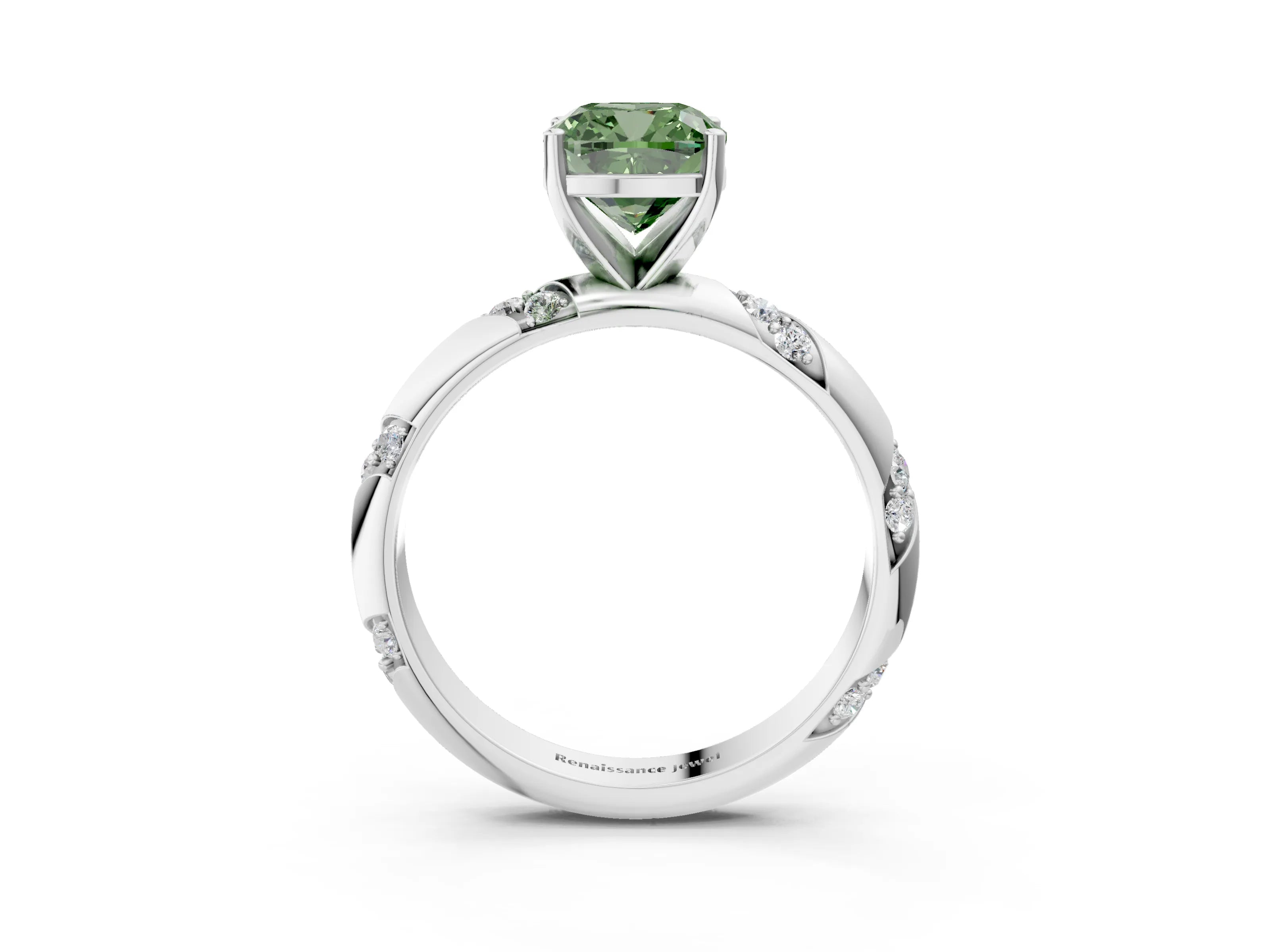 White gold Fancy Green Cushion Cut Solitaire Diamond Engagement Ring with Twisted Pave Band and Four-Prong Setting_22