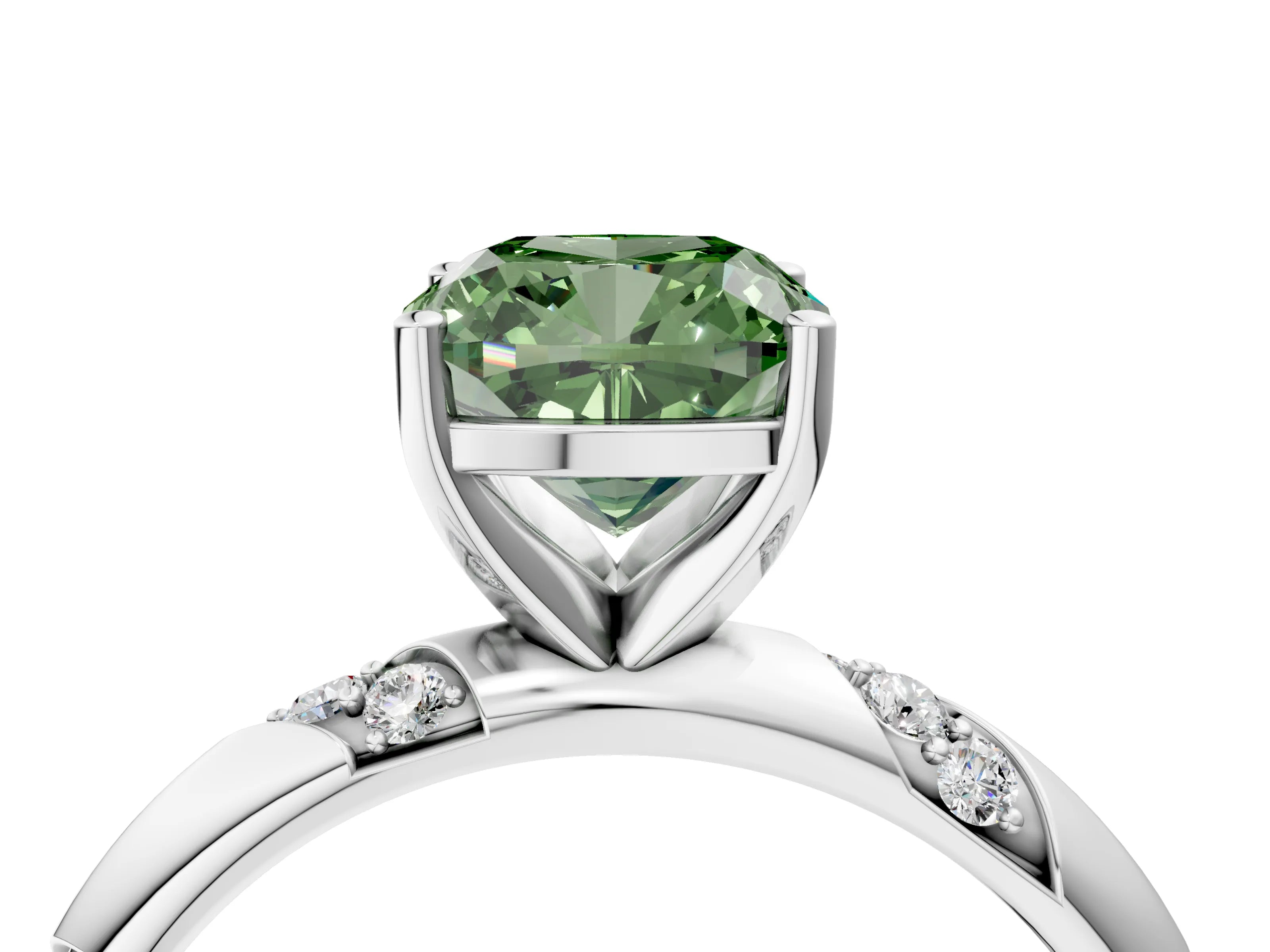 White gold Fancy Green Cushion Cut Solitaire Diamond Engagement Ring with Twisted Pave Band and Four-Prong Setting_23