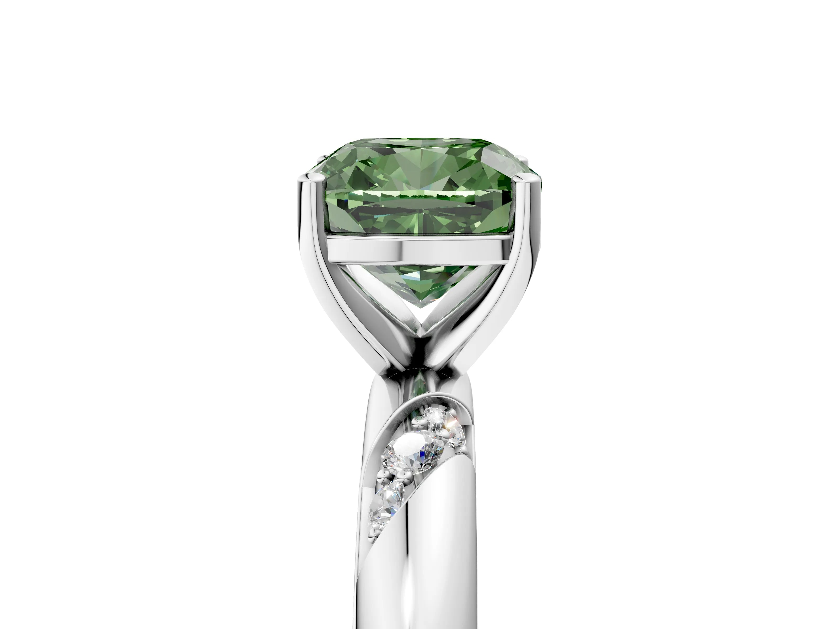 White gold Fancy Green Cushion Cut Solitaire Diamond Engagement Ring with Twisted Pave Band and Four-Prong Setting_24