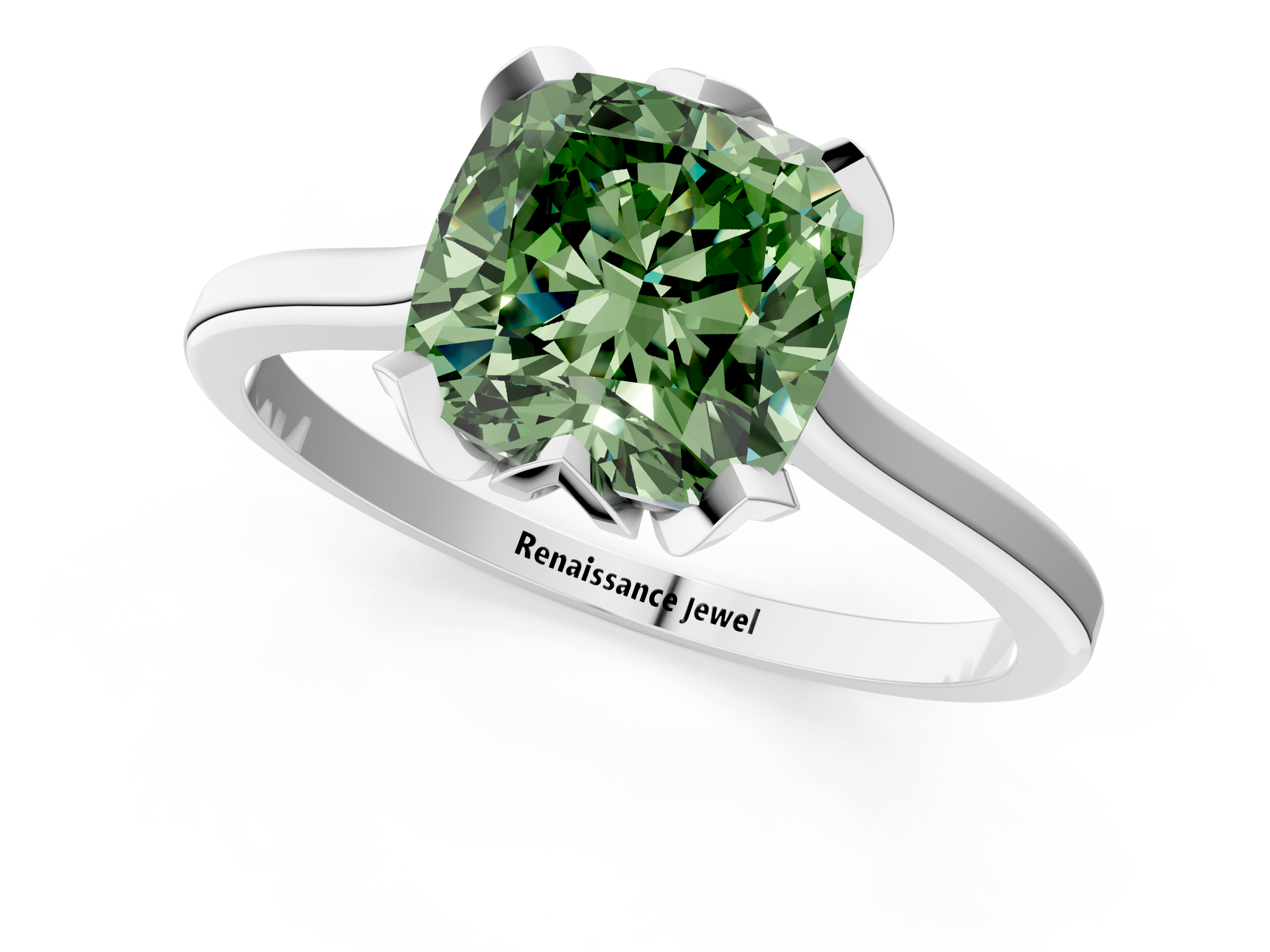 White gold Fancy Green Cushion  Cut Solitaire Diamond Ring with Flower-Prong Setting and Classic Band_22