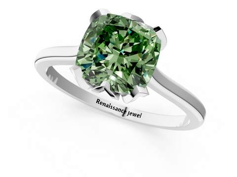 White gold Fancy Green Cushion  Cut Solitaire Diamond Ring with Flower-Prong Setting and Classic Band_22