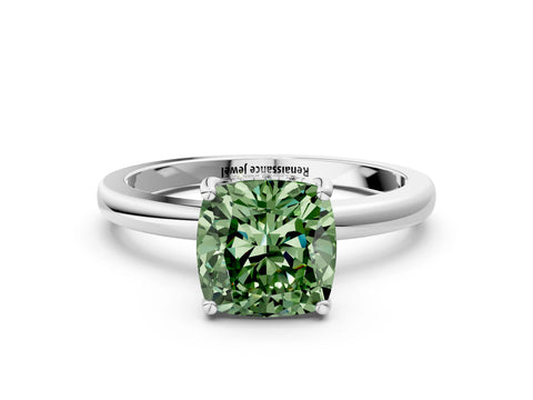 White gold Fancy Green Cushion Cut Solitaire Diamond Ring with Prong Setting and Plain Band_12
