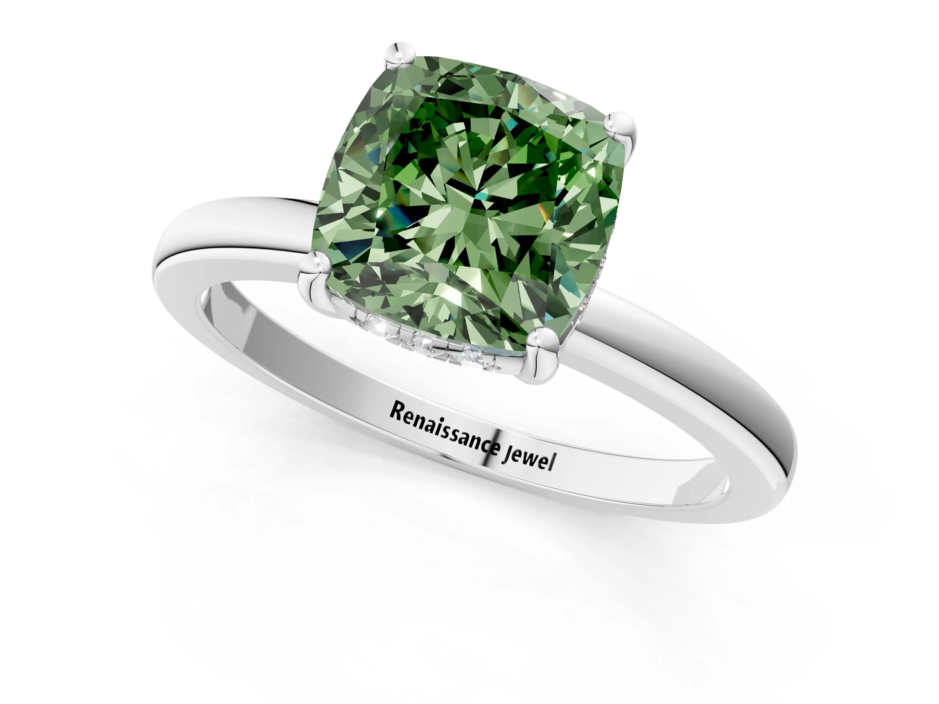 White gold Fancy Green Cushion Cut Solitaire Diamond Ring with Prong Setting and Plain Band_13