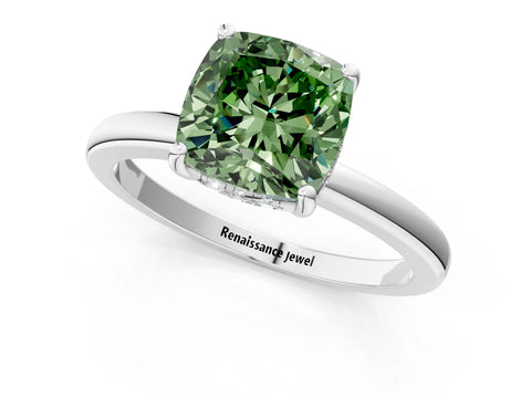 White gold Fancy Green Cushion Cut Solitaire Diamond Ring with Prong Setting and Plain Band_13
