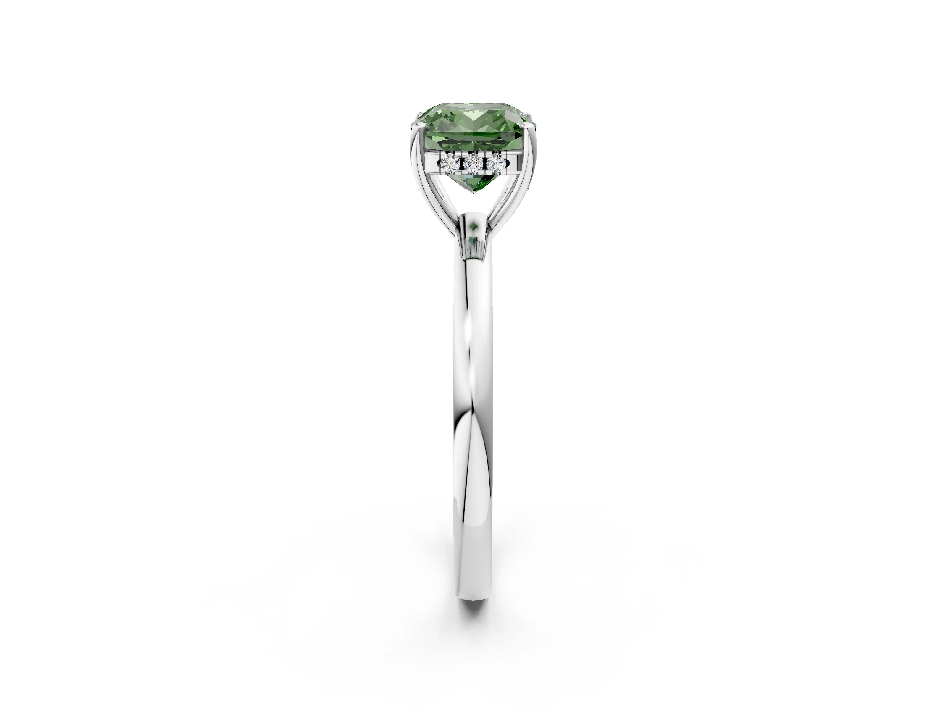 White gold Fancy Green Cushion Cut Solitaire Diamond Ring with Prong Setting and Plain Band_14