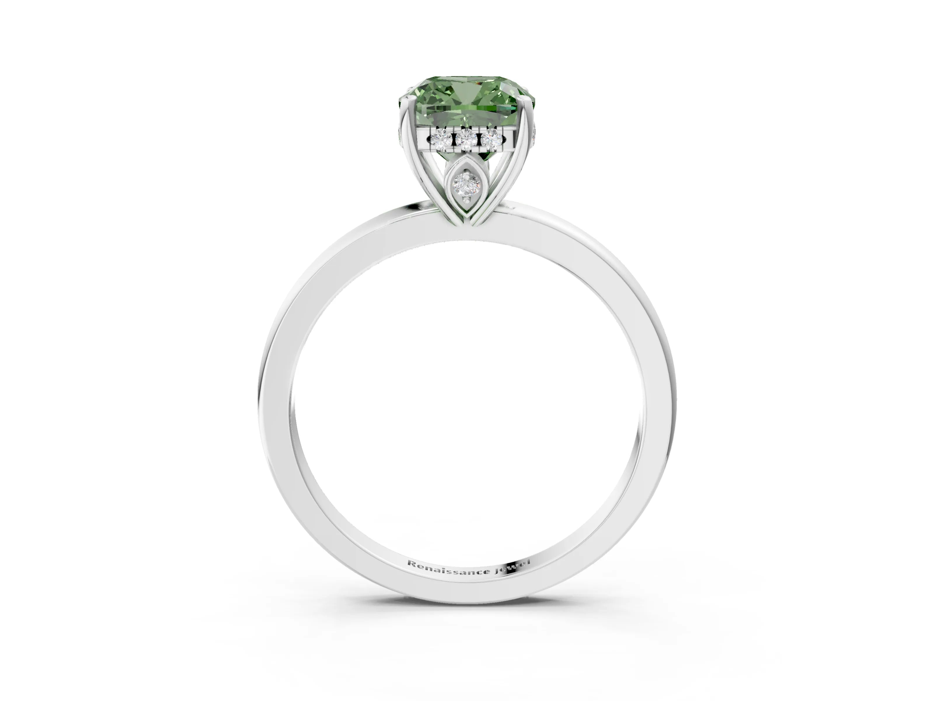 White gold Fancy Green Cushion Cut Solitaire Diamond Ring with Prong Setting and Plain Band_15