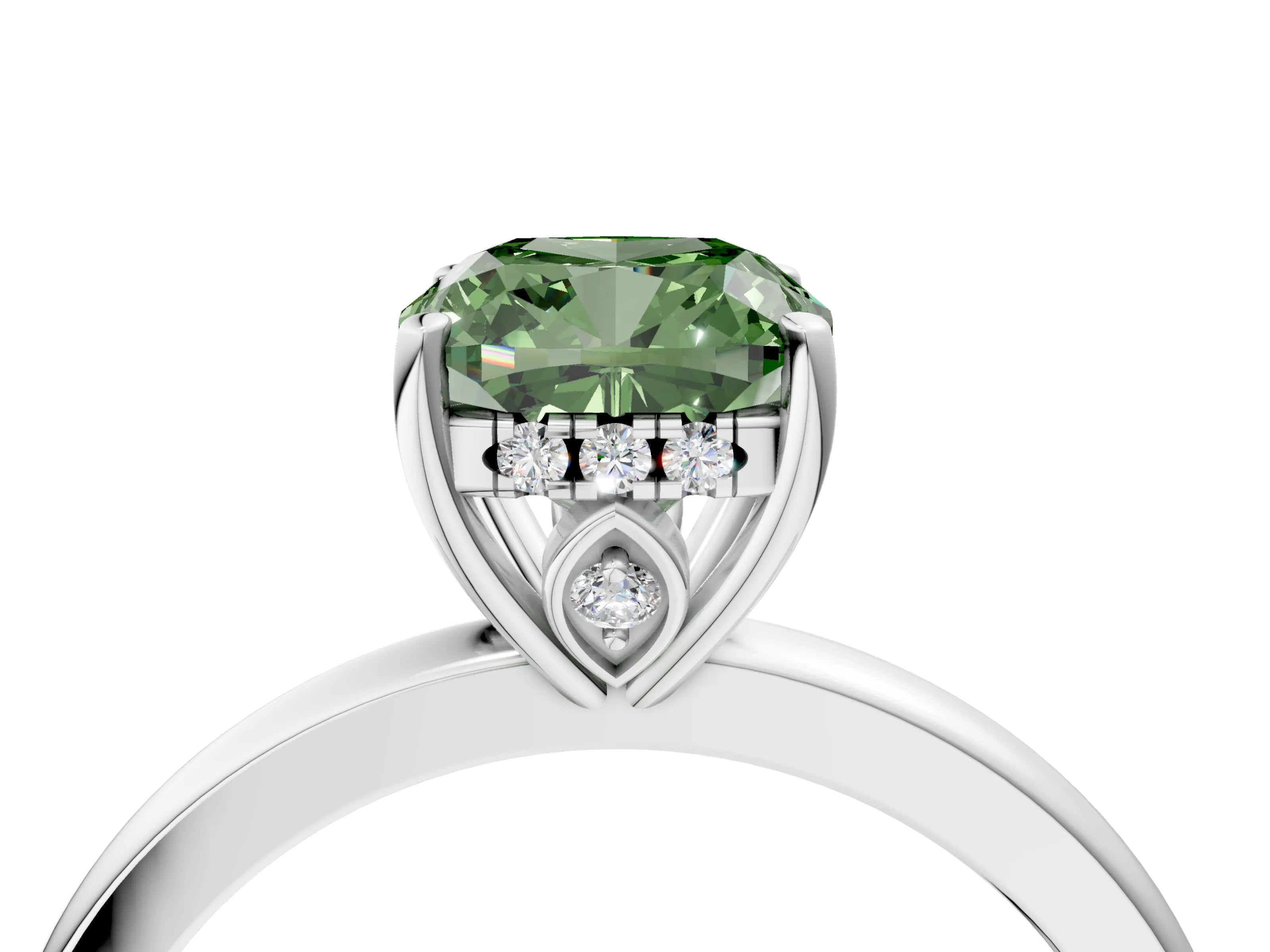 White gold Fancy Green Cushion Cut Solitaire Diamond Ring with Prong Setting and Plain Band_16