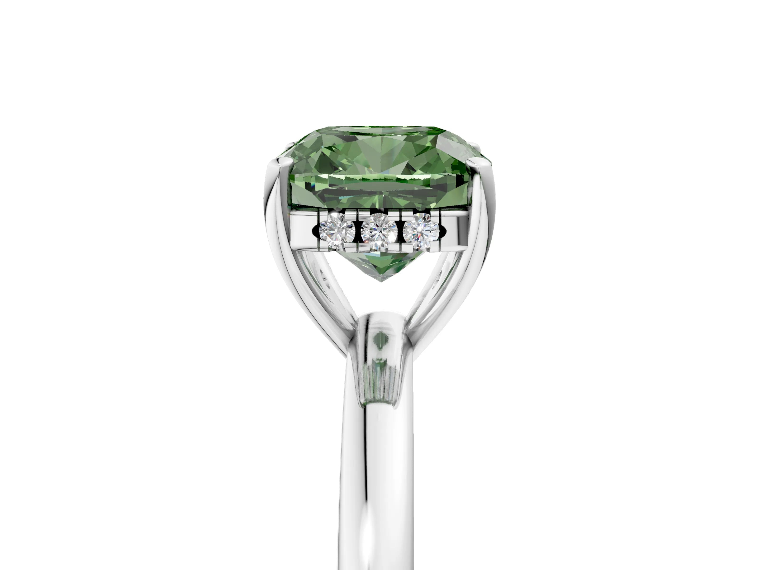 White gold Fancy Green Cushion Cut Solitaire Diamond Ring with Prong Setting and Plain Band_17