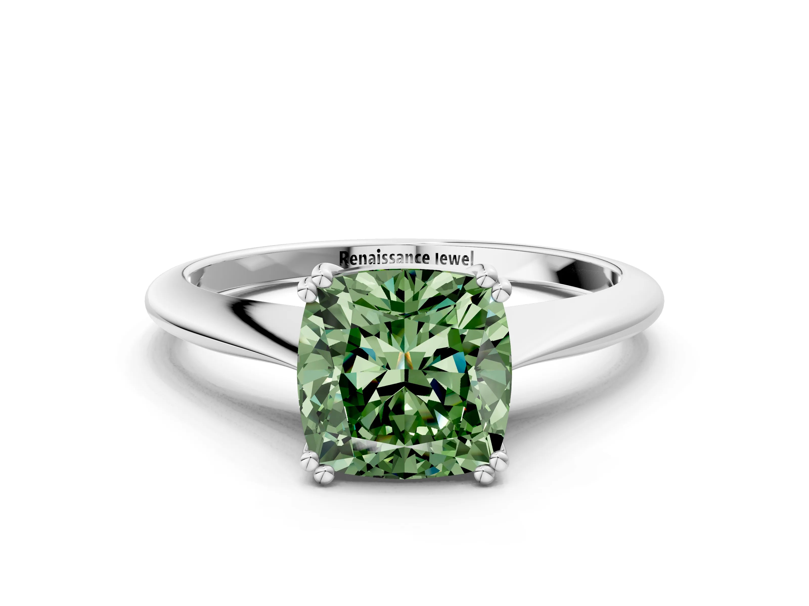 White gold Fancy Green Cushion Cut Solitaire Diamond Ring with Six-Prong Setting and Classic Band