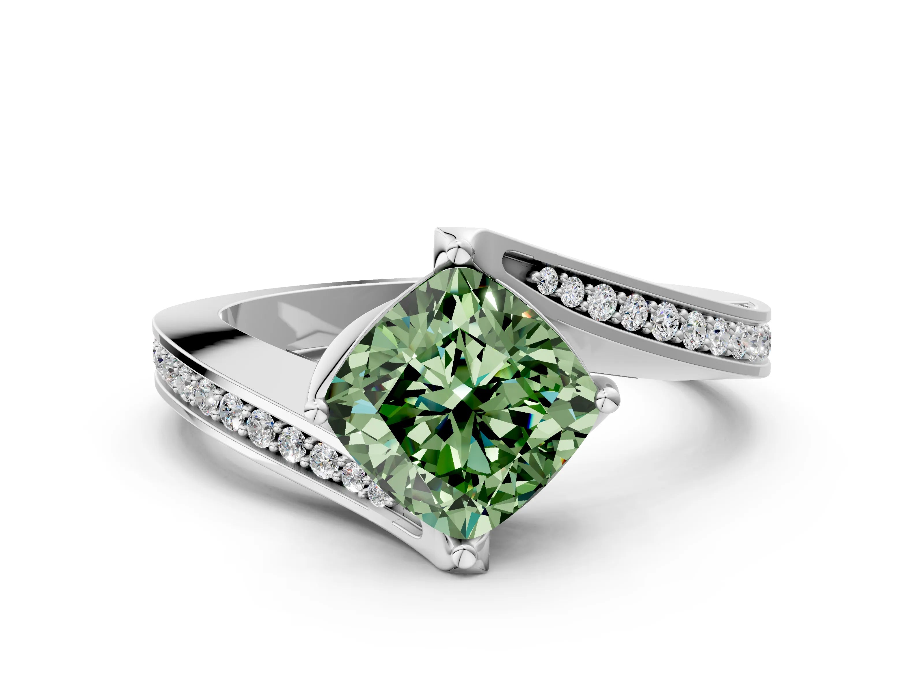 White gold Fancy Green Cushion Cut Solitaire Diamond Twist Band with Pavé Setting and Four-Prong Setting_12