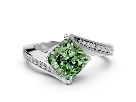 White gold Fancy Green Cushion Cut Solitaire Diamond Twist Band with Pavé Setting and Four-Prong Setting_12