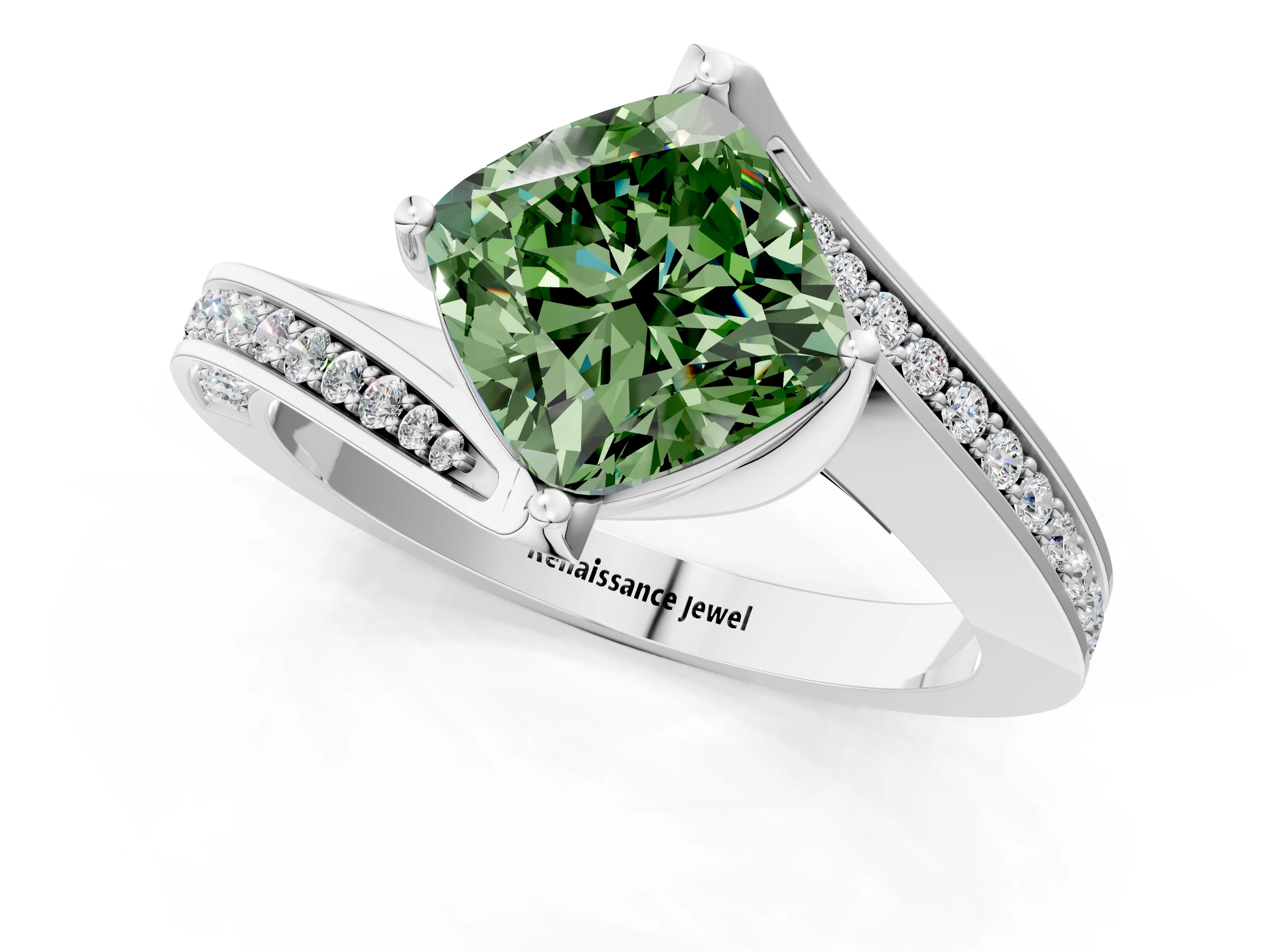 White gold Fancy Green Cushion Cut Solitaire Diamond Twist Band with Pavé Setting and Four-Prong Setting_13