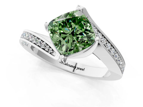 White gold Fancy Green Cushion Cut Solitaire Diamond Twist Band with Pavé Setting and Four-Prong Setting_13