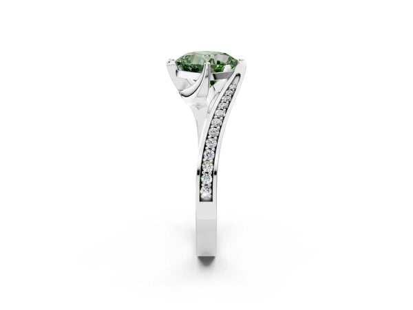 White gold Fancy Green Cushion Cut Solitaire Diamond Twist Band with Pavé Setting and Four-Prong Setting