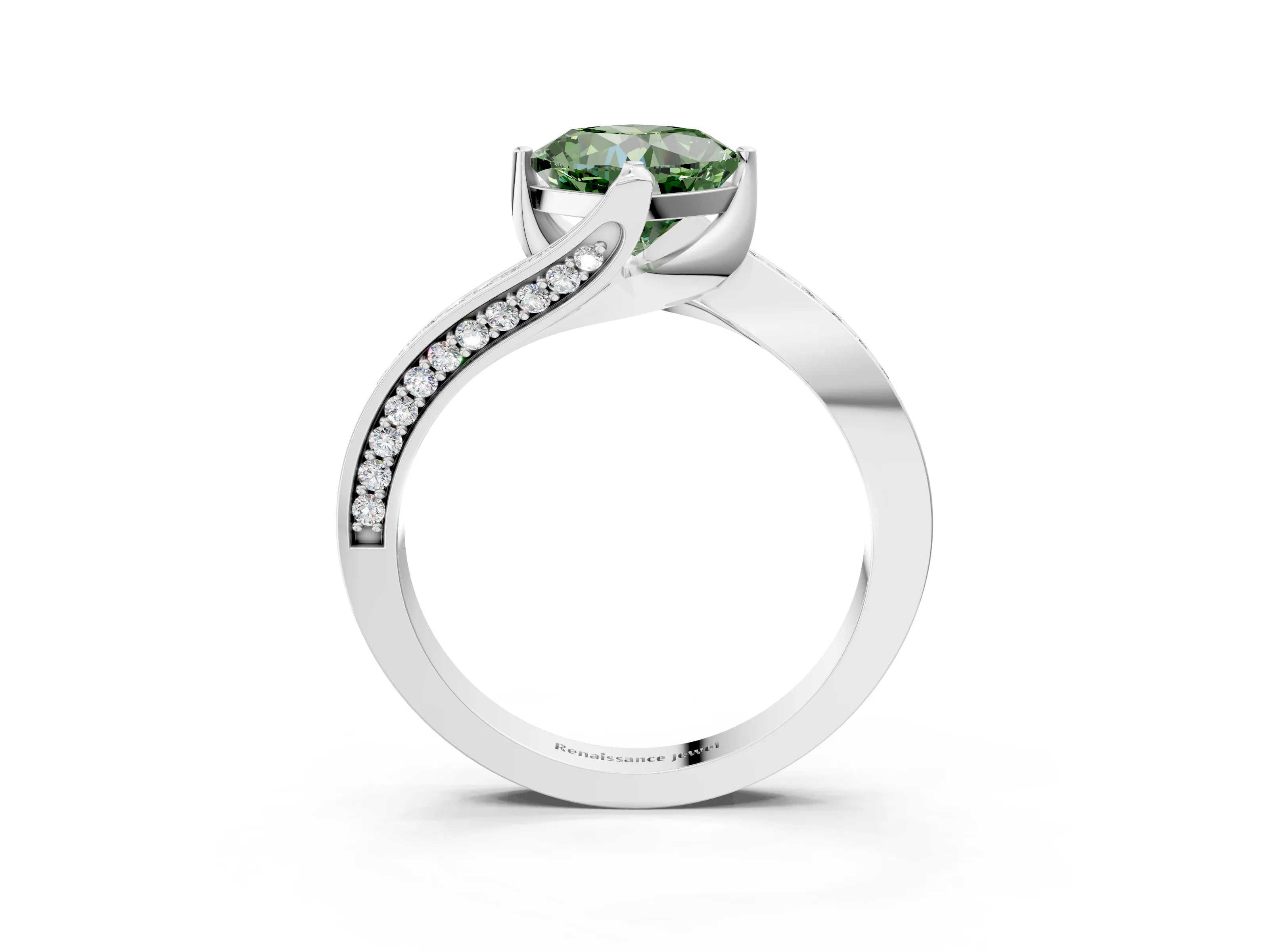 White gold Fancy Green Cushion Cut Solitaire Diamond Twist Band with Pavé Setting and Four-Prong Setting_15