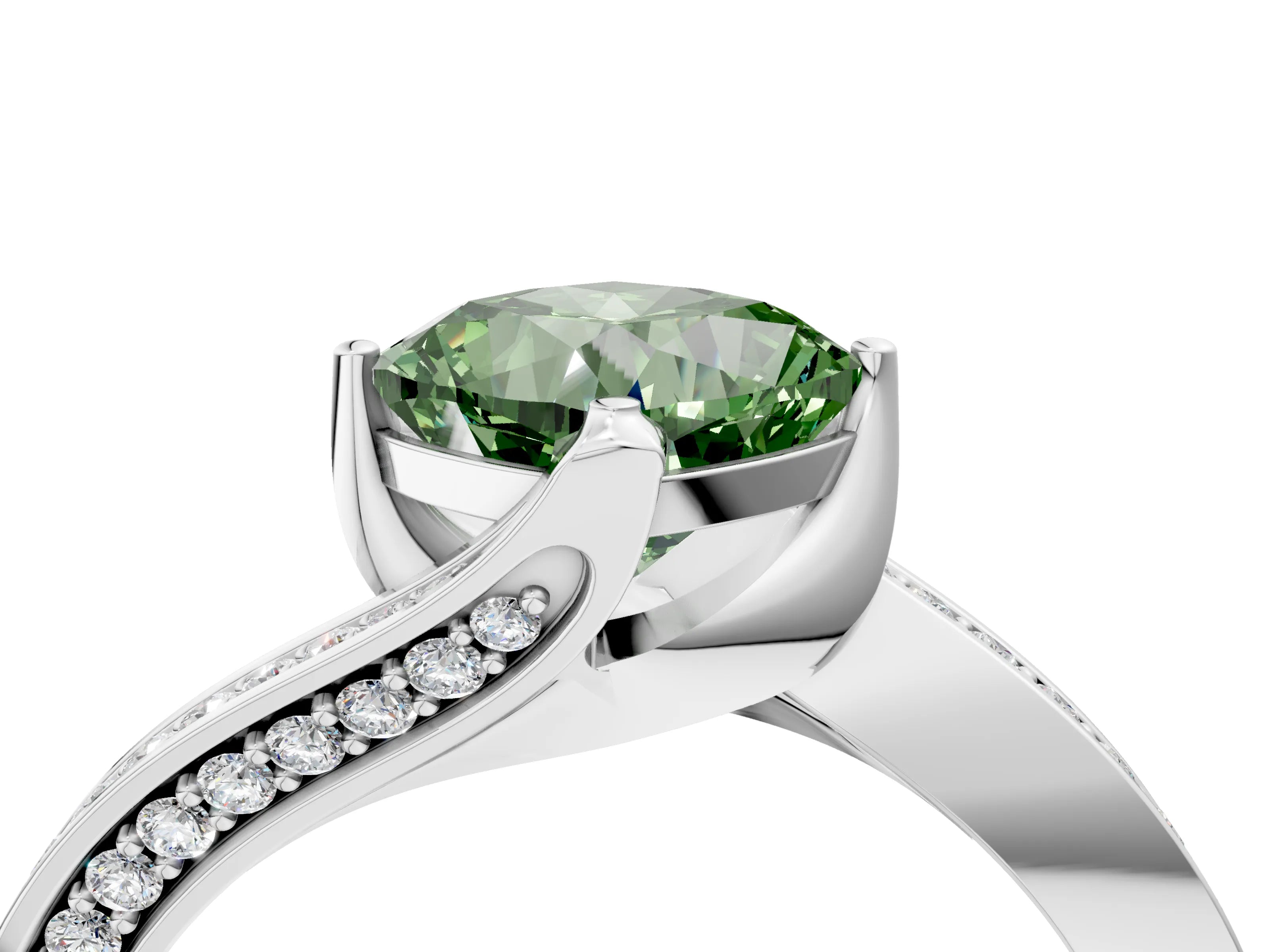 White gold Fancy Green Cushion Cut Solitaire Diamond Twist Band with Pavé Setting and Four-Prong Setting_16