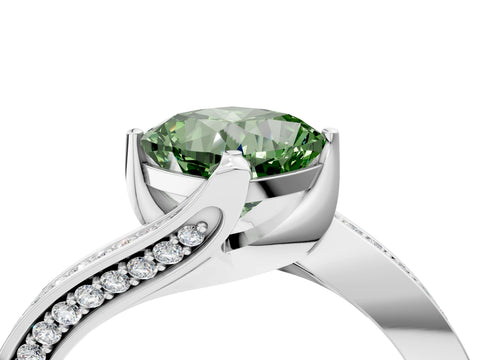 White gold Fancy Green Cushion Cut Solitaire Diamond Twist Band with Pavé Setting and Four-Prong Setting_16