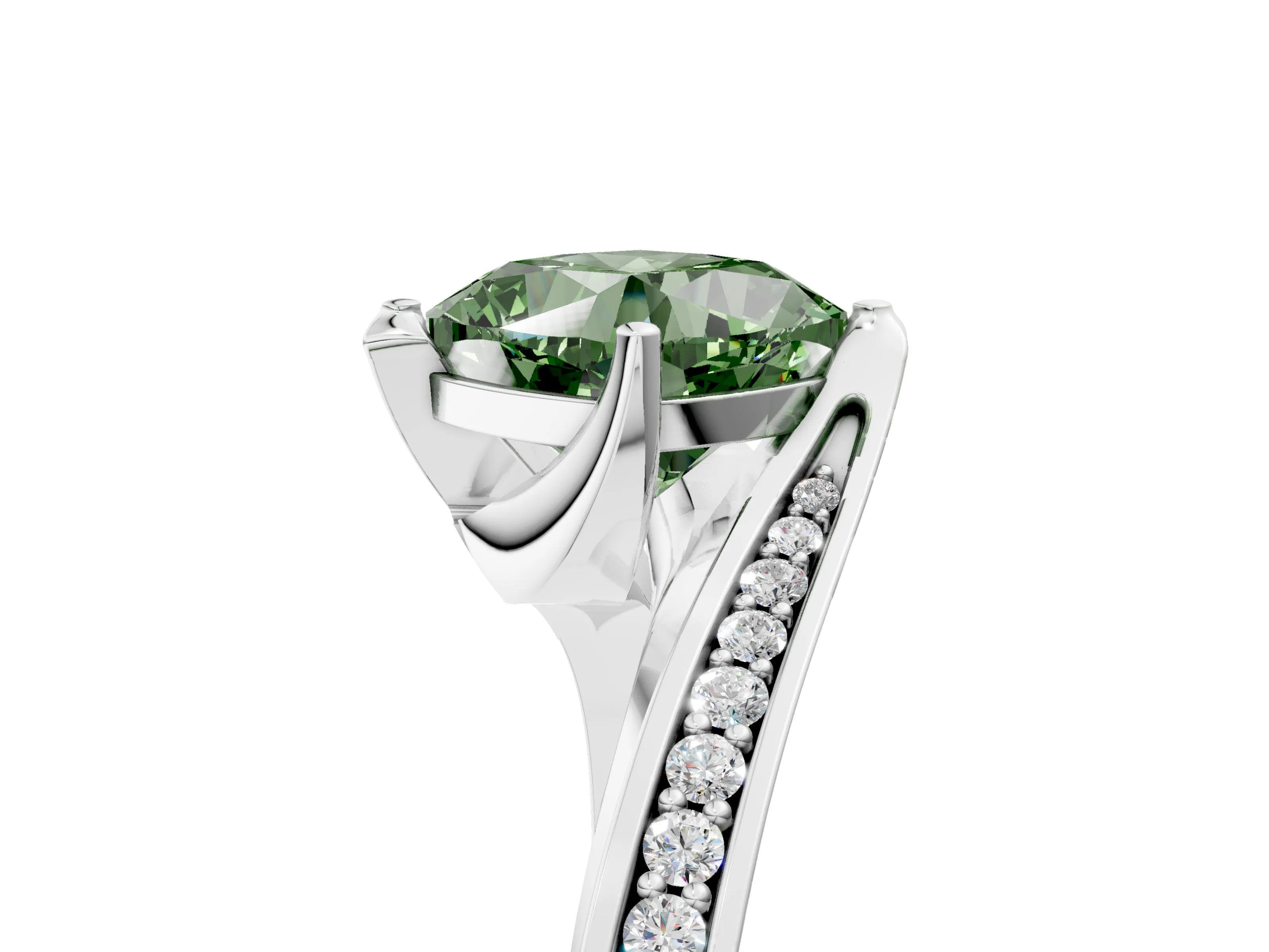 White gold Fancy Green Cushion Cut Solitaire Diamond Twist Band with Pavé Setting and Four-Prong Setting_17