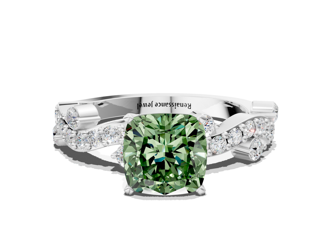 White gold Fancy Green Cushion  Cut Solitaire Diamond Twisted Band with Pave Setting_76