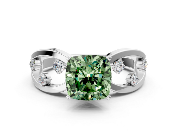 Platinum Fancy Green Cushion  Cut Solitaire Diamond with Side Stones on Criss-Cross Band and Four-Prong Setting